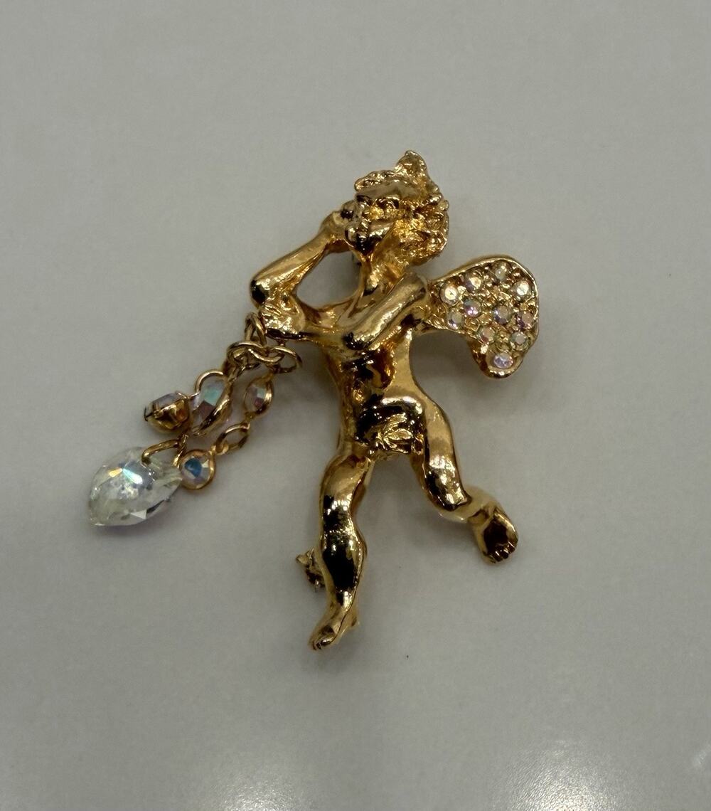 Vintage Kirks Folly Fairy Godmother Brooch Gold Tone AB Crystal Heart Dangle Pin